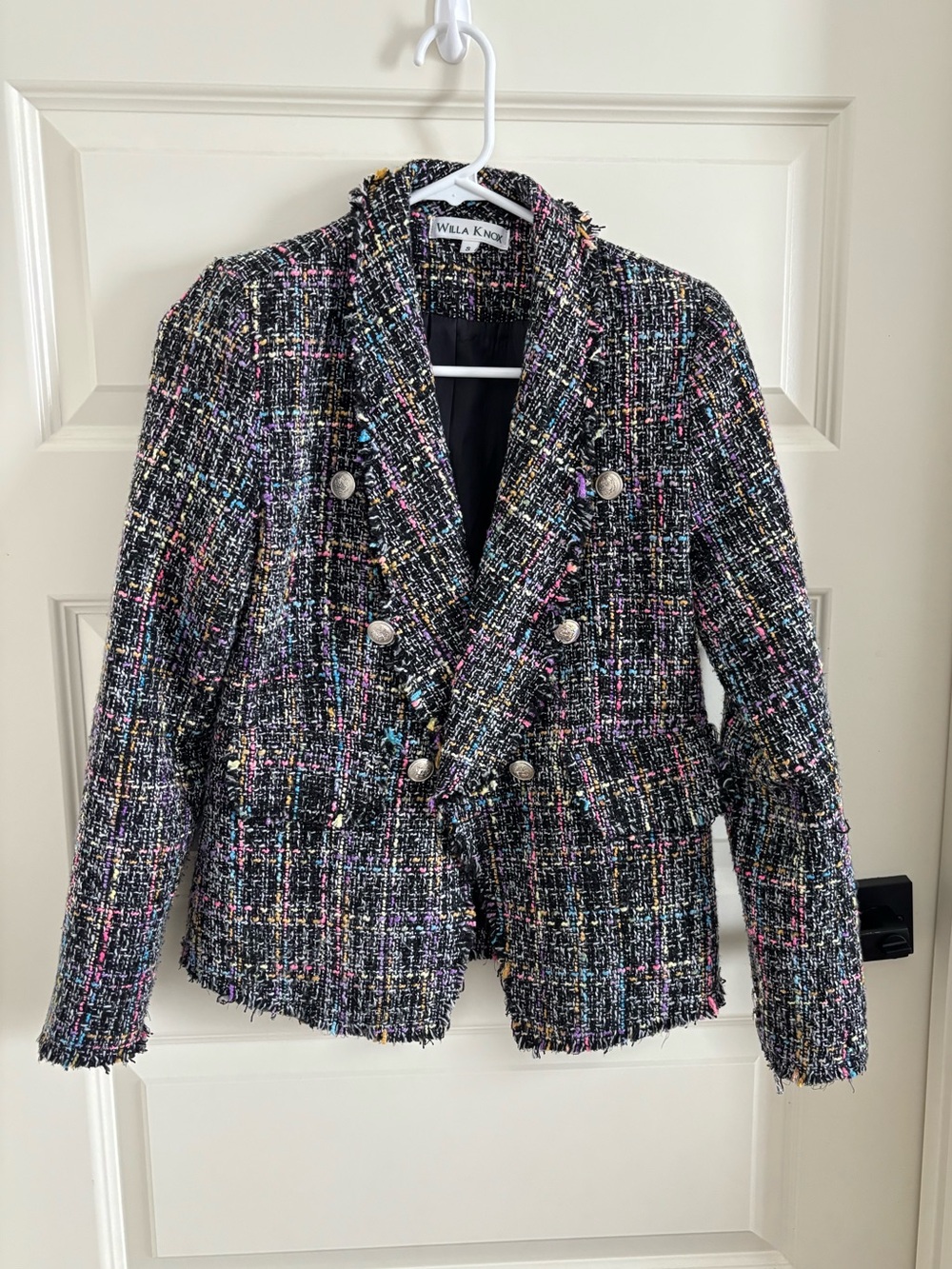 Woven Tweed Double-Breasted Jacket in Black Multicolor